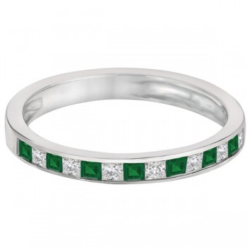 Channel Set Diamond & Emerald Ring Band 14k White Gold (0.60ct)