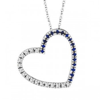   Natural Blue Sapphire & Diamond Heart Pendant Necklace 14k White Gold