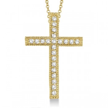Diamond Cross Pendant Necklace Milgrain Edged 14k Yellow Gold (0.33ct)