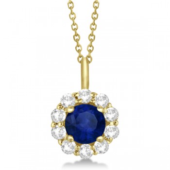 Halo Diamond and Sapphire Pendant Necklace 14K Yellow Gold (1.69ct)