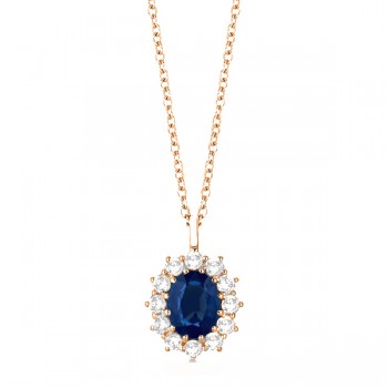 Oval Lab Blue Sapphire & Lab  Diamond Pendant Necklace 14k Rose Gold (3.60ctw)