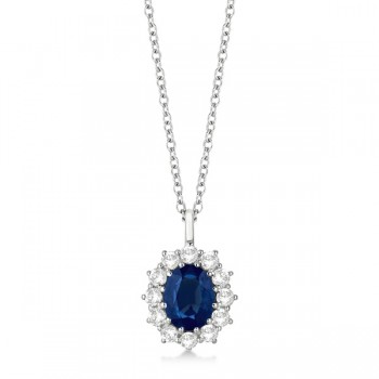 Oval Blue Sapphire & Diamond Pendant Necklace 14k White Gold (3.60ctw)