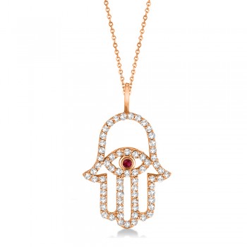 Diamond & Ruby Hamsa Evil Eye Pendant Necklace 14k Rose Gold (0.51ct)
