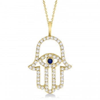 Diamond & Blue Sapphire Hamsa Evil Eye Pendant Necklace 14k Yellow Gold (0.51ct)