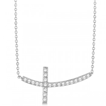 Diamond Sideways Curved Cross Pendant Necklace 14k White Gold 0.75ct