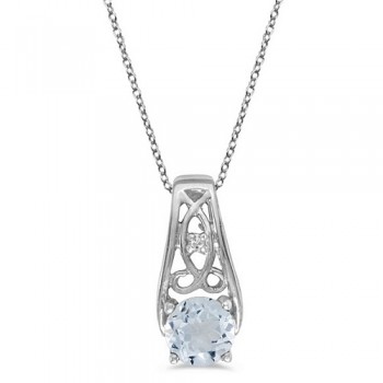 Antique Style Aquamarine and Diamond Pendant Necklace 14k White Gold