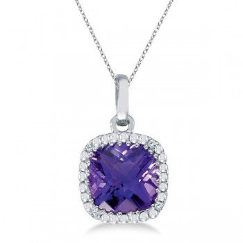 Cushion-Cut Amethyst and Diamond Pendant Necklace 14K White Gold (7mm)