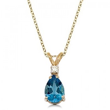 Pear Blue Topaz & Diamond Solitaire Pendant Necklace 14k Yellow Gold