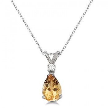 Pear Citrine and Diamond Solitaire Pendant Necklace 14k White Gold
