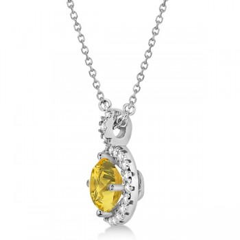 Yellow Sapphire & Diamond Halo Pendant Necklace 14k White Gold (1.07ct)