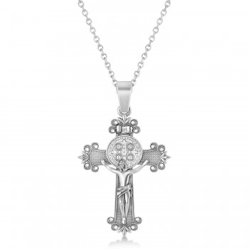 Cross Benedict Crucifix Pendant Necklace 14k White Gold