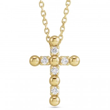Natural Diamond Beaded Cross Pendant Necklace 14K Yellow Gold (0.07ct)