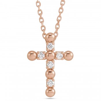 Natural Diamond Beaded Cross Pendant Necklace 14K Rose Gold (0.07ct)