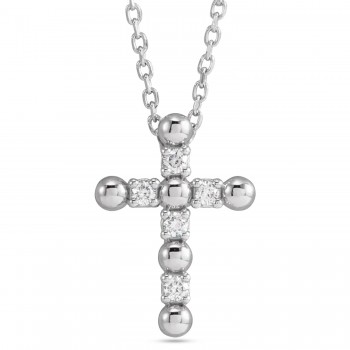 Natural Diamond Beaded Cross Pendant Necklace 14K White Gold (0.07ct)