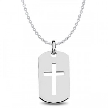 Men's Dog Tag Pendant with Cross Crafted in Polished Sterling Silver