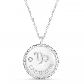 Capricorn Zodiac Diamond Medallion Disk Pendant Necklace 14k White Gold