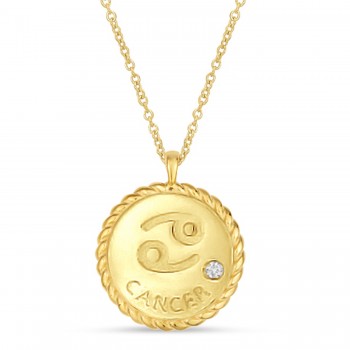 Cancer Zodiac Diamond Medallion Disk Pendant Necklace 14k Yellow Gold