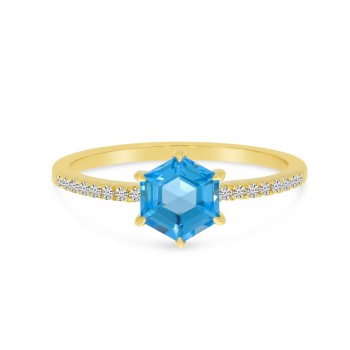 Hexagon Blue Topaz & Diamond Band Ring 14K Yellow Gold (1.33ct)