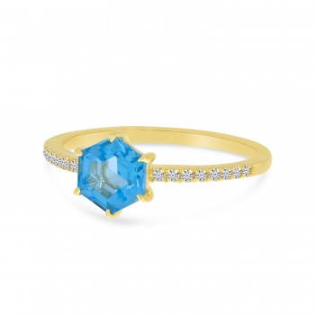 Hexagon Blue Topaz & Diamond Band Ring 14K Yellow Gold (1.33ct)