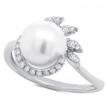 Diamond & Cultured Pearl Cocktail Ring 14K White Gold (0.26ct)