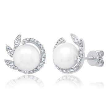 Diamond & Cultured Pearl Stud Earrings 14K White Gold (0.42ct)