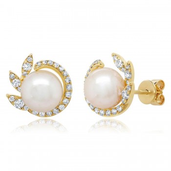 Diamond & Cultured Pearl Stud Earrings 14K Yellow Gold (0.42ct)