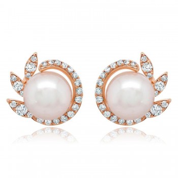Diamond & Cultured Pearl Stud Earrings 14K Rose Gold (0.42ct)