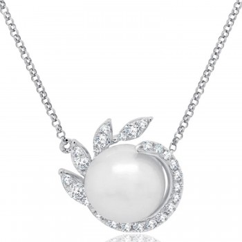 Diamond & Cultured Pearl Pendant Necklace 14K White Gold (0.25ct)