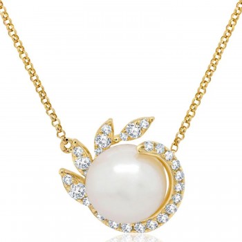 Diamond & Cultured Pearl Pendant Necklace 14K Yellow Gold (0.25ct)