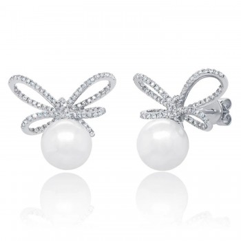 Diamond & Cultured Pearl Bow Stud Earrings 14K White Gold (0.47ct)