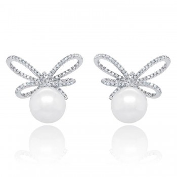 Diamond & Cultured Pearl Bow Stud Earrings 14K White Gold (0.47ct)