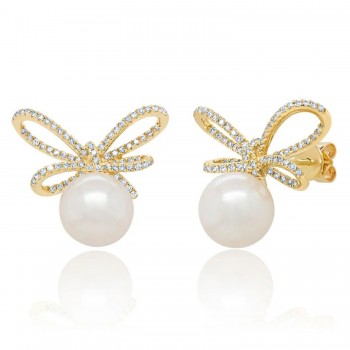 Diamond & Cultured Pearl Bow Stud Earrings 14K Yellow Gold (0.47ct)
