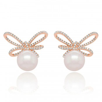 Diamond & Cultured Pearl Bow Stud Earrings 14K Rose Gold (0.47ct)
