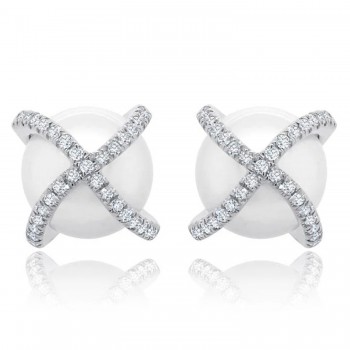 Diamond & Cultured Pearl Crisscross Stud Earrings 14K White Gold (0.21ct)