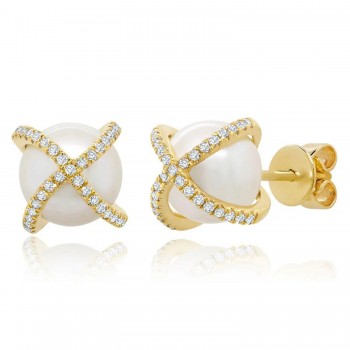 Diamond & Cultured Pearl Crisscross Stud Earrings 14K Yellow Gold (0.21ct)