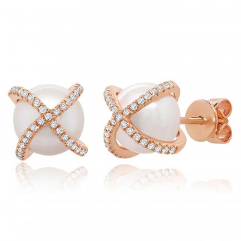 Diamond & Cultured Pearl Crisscross Stud Earrings 14K Rose Gold (0.21ct)