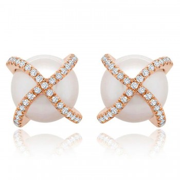 Diamond & Cultured Pearl Crisscross Stud Earrings 14K Rose Gold (0.21ct)