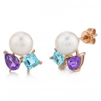 Cultured Pearl & Amethyst Blue Topaz Stud Earrings 14K Rose Gold (1.57ct)