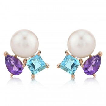 Cultured Pearl & Amethyst Blue Topaz Stud Earrings 14K Rose Gold (1.57ct)