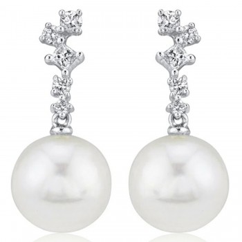 Diamond & Cultured Pearl Dangling Earrings 14K White Gold (0.22ct)