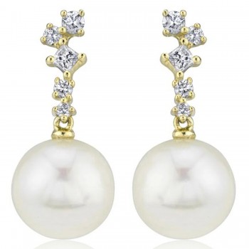 Diamond & Cultured Pearl Dangling Earrings 14K Yellow Gold (0.22ct)