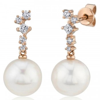 Diamond & Cultured Pearl Dangling Earrings 14K Rose Gold (0.22ct)