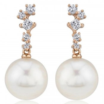 Diamond & Cultured Pearl Dangling Earrings 14K Rose Gold (0.22ct)