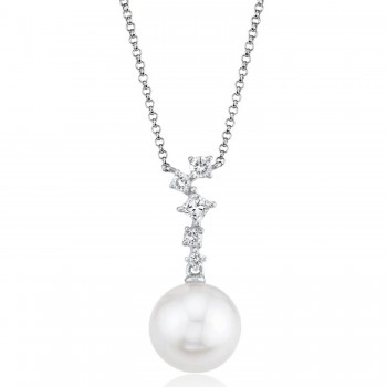 Diamond & Cultured Pearl Dangling Pendant Necklace 14K White Gold (0.16ct)