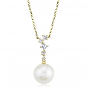 Diamond & Cultured Pearl Dangling Pendant Necklace 14K Yellow Gold (0.16ct)