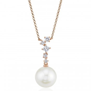 Diamond & Cultured Pearl Dangling Pendant Necklace 14K Rose Gold (0.16ct)