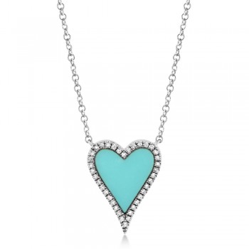 Diamond & Composite Turquoise Heart Pendant Necklace 14k White Gold (0.78ct)