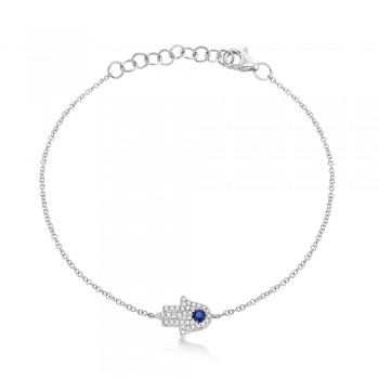 Diamond & Blue Sapphire Hamsa Link Bracelet 14k White Gold (0.17ct)