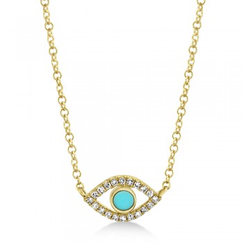 Turquoise & Diamond Evil Eye Pendant Necklace 14k Yellow Gold (0.13ct)