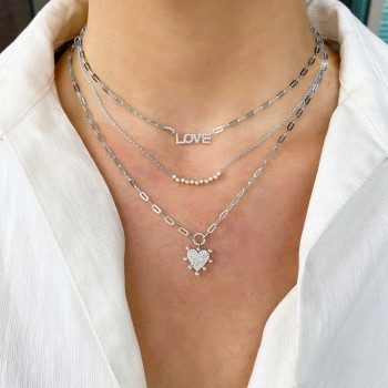 Diamond Cultured Pearl Paper Clip Heart Pendant Necklace 14K White Gold (0.22ct)